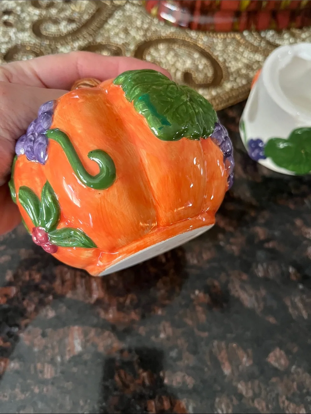 Hand-Painted Orange Pumpkin Ceramic Votive with Purple Grape Accent